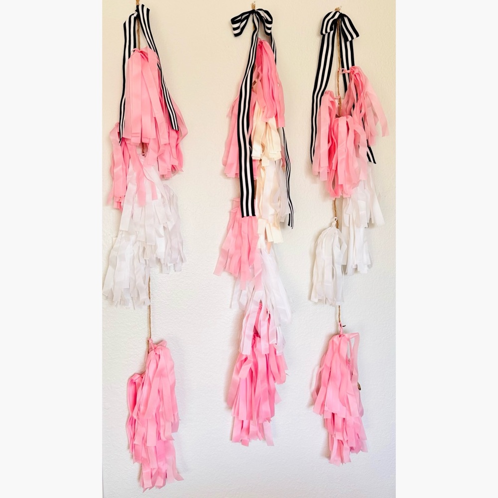 48” Set of 3 Elegant Pink & White Tassel Garland Streamers for Party, Wedding